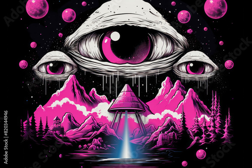 A painting featuring an allseeing eye against a backdrop of mountains, incorporating purple, pink, violet, magenta colors with unique font styles photo