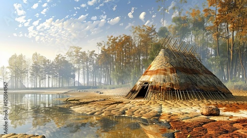 A Mesolithic settlement with huts made of wood and animal skins photo