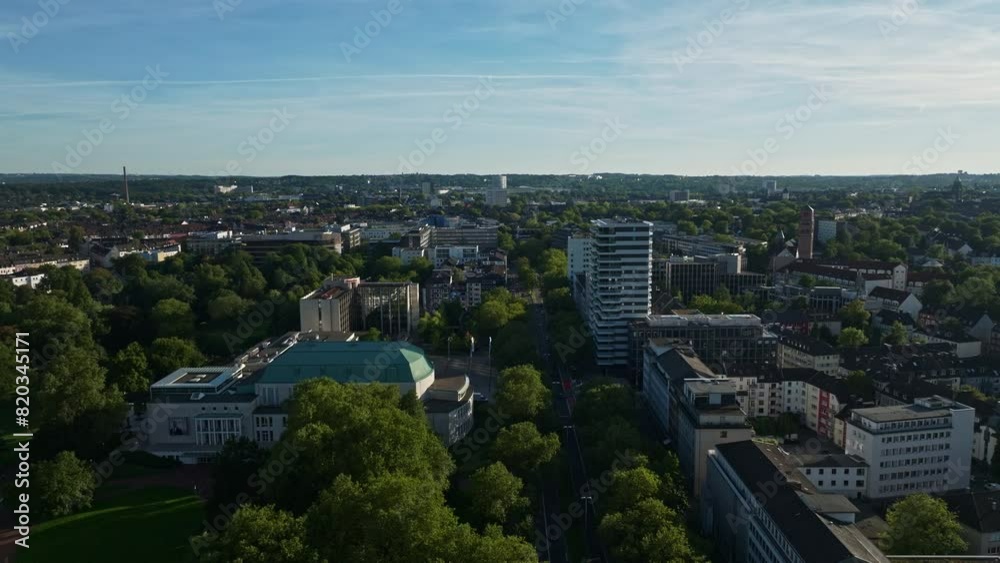Aerial drone view of Saalbau Essen, a concert venue in Essen, Germany, and the home of the Essen Philharmonic . Aerial drone view of Saalbau Essen, a concert venue in Essen, Germany, and the home of the Essen Philharmonic .