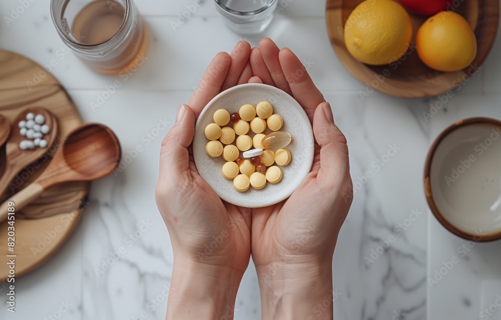 Obraz premium Person sitting at table with pills, water, and kitchen utensils, ready for healthful preparation