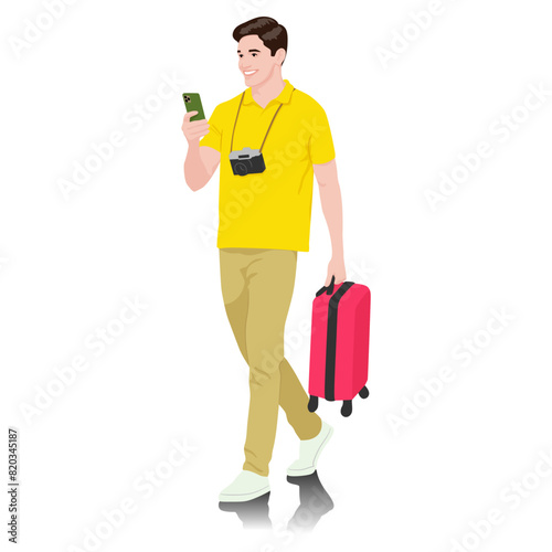 Young man tourist with camera and smartphone. Male in casual clothes with a suitcase. Young male traveler goes on a journey. Vector illustration isolated on white