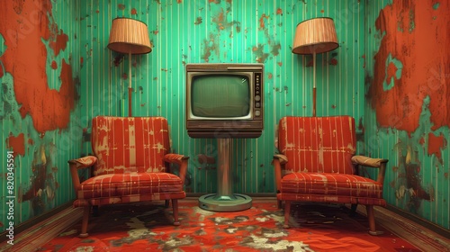 Vintage TV setup in a colorful, worn-out retro room.
