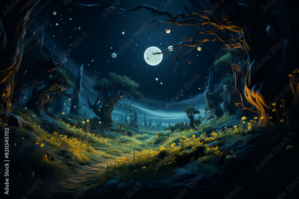 Fototapeta premium The artwork depicts a serene forest scene under the radiance of a full moon in the night sky, capturing elements of darkness, space, and the beauty of nature