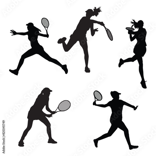 Set of Female Tennis Player Silhouette Vector Illustration