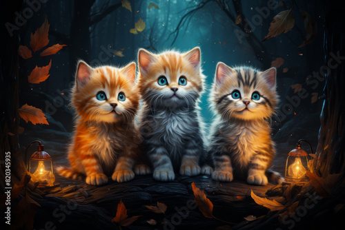 In a dark forest, three kittens sit close together. The small to mediumsized cats have fur, whiskers, and a dark environment around them photo