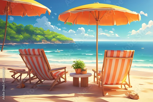A vivid 3D rendering background of a beach with lush summer beach umbrellas and chairs  ai generative
