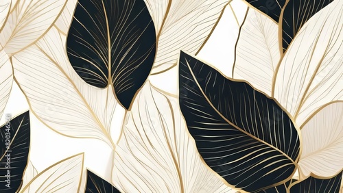 Abstract art background. Luxury minimal style wallpaper with golden line art flower