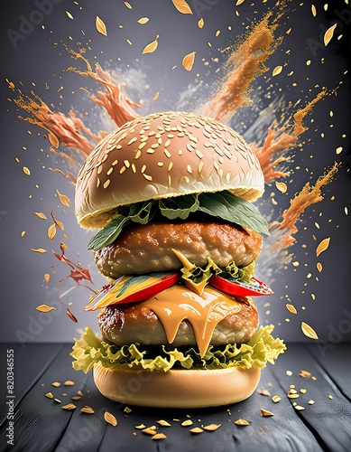 A cheeseburger exploding in the air. The cheeseburger components, bun, lettuce, tomatoes, cheese, patty, pickles and condiments, are clearly visible and separated, with dynamic movement