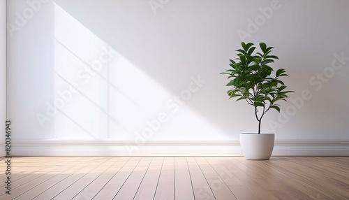 A minimalist room bathed in soft daylight, with a serene white wall contrasting with warm wooden floors. A white potted plant adds a touch of natural elegance