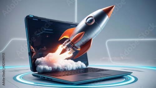 3D rocket launching from a laptop screen, digital innovation, startup technology, creative business solutions