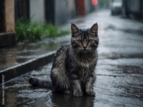 Stray homeless gray cat. Sad abandoned hungry kitten sitting alone in the street under rain. Dirty wet lost cat outdoors with blurred background.