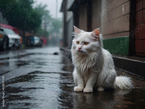 Stray homeless white angora cat. Sad abandoned hungry kitten sitting alone in the street under rain. Dirty wet lost cat outdoors with blurred background.