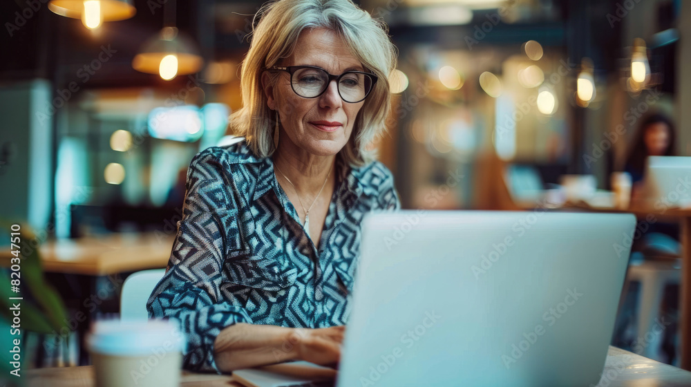 Older woman using a touchscreen laptop in a tech startup office Older woman using a touchscreen laptop in a tech startup office