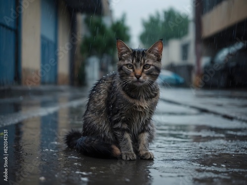 Stray homeless gray cat. Sad abandoned hungry kitten sitting alone in the street under rain. Dirty wet lost cat outdoors with blurred background.