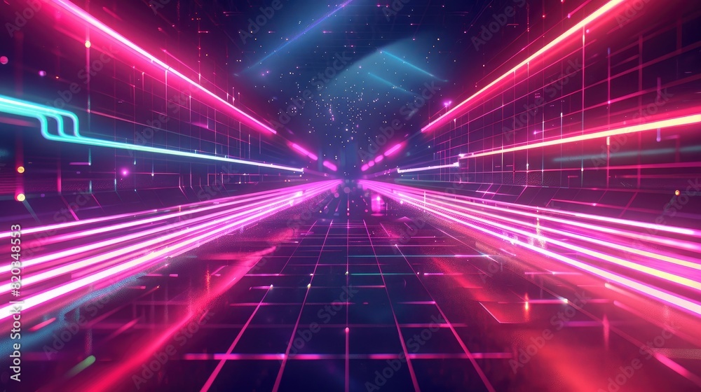 A neon pink and blue lighted tunnel with a blue sky background. The tunnel is filled with neon lights and the sky is filled with stars A neon pink and blue lighted tunnel with a blue sky background. The tunnel is filled with neon lights and the sky is filled with stars