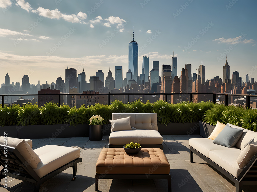 Fototapeta premium Manhattan Skyline Splendor: Luxurious Rooftop Terrace Retreat