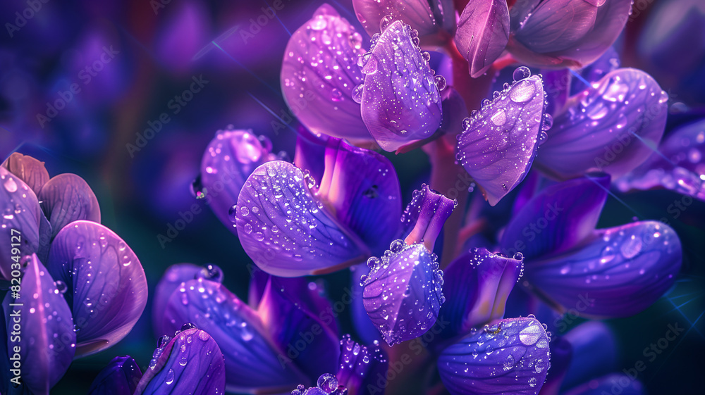 Close-up of Dew-Covered Purple Lupin Petals with Shimmering Details Close-up of Dew-Covered Purple Lupin Petals with Shimmering Details