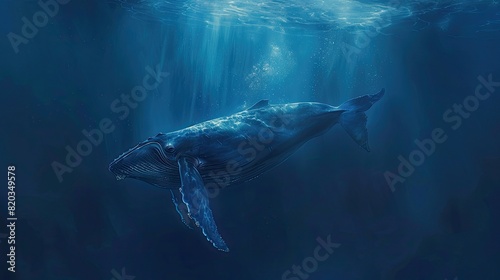 A blue whale is swimming in the ocean. The water is clear and the sunlight is shining through it