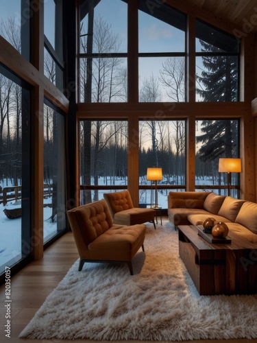 A double-height ceiling living room with a large  floor-to-ceiling window on one side log cabin.