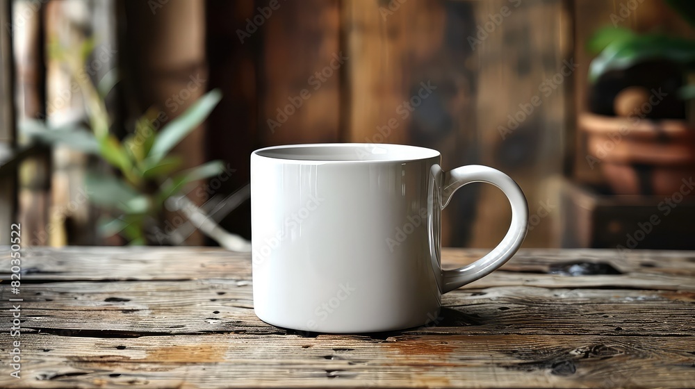 Realistic white tea cup mockup on wooden table Realistic white tea cup mockup on wooden table