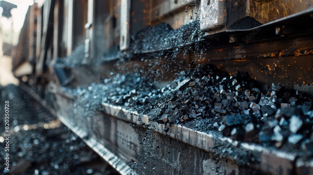 A closeup of coal spilling over the edge of a train car as it is being loaded. A closeup of coal spilling over the edge of a train car as it is being loaded.