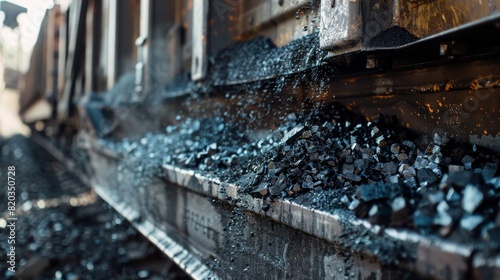 A closeup of coal spilling over the edge of a train car as it is being loaded. © Justlight