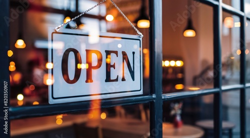 Open sign on restaurant window with blurred lights and interior background.