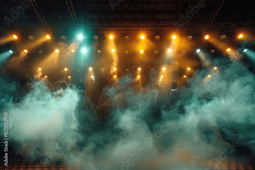 A stage with lights and smoke. Scene is energetic and exciting  as if the stage is set for a concert or performance