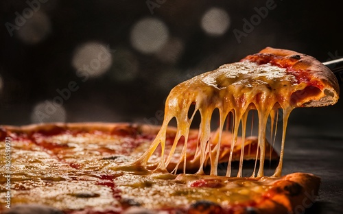Close-up photo of a slice of cheesy pizza being lifted against a blurred dark background.