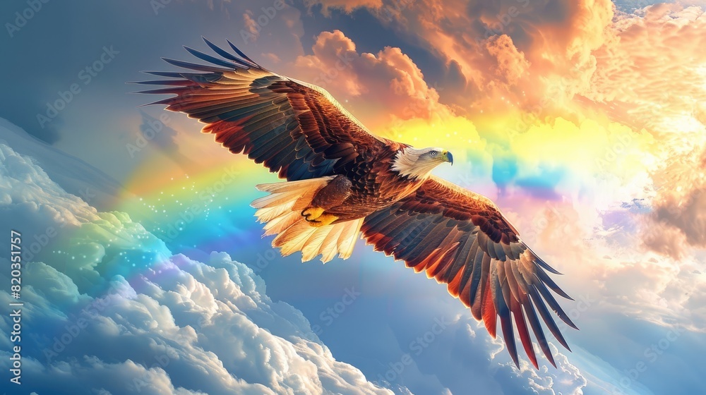 Obraz premium A rainbow is above an eagle flying in the sky. The eagle is the main focus of the image, and the rainbow adds a sense of wonder and magic to the scene