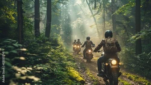 A group of motorcyclists riding through a forest trail.