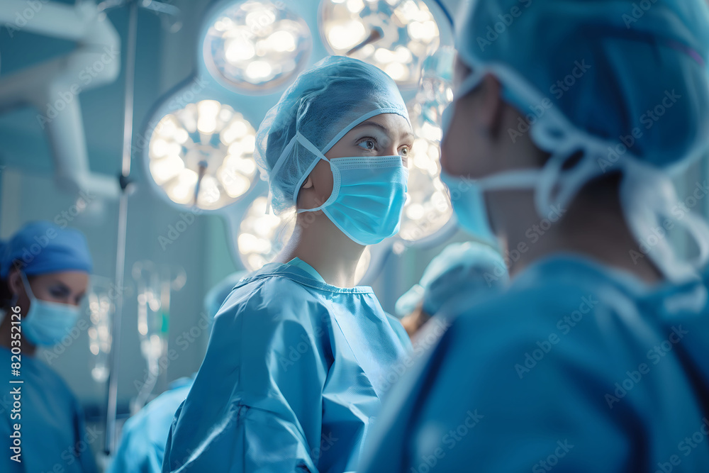 Surgical team in an operating room preparing for a procedure, with the lead surgeon in focus under bright lights Surgical team in an operating room preparing for a procedure, with the lead surgeon in focus under bright lights