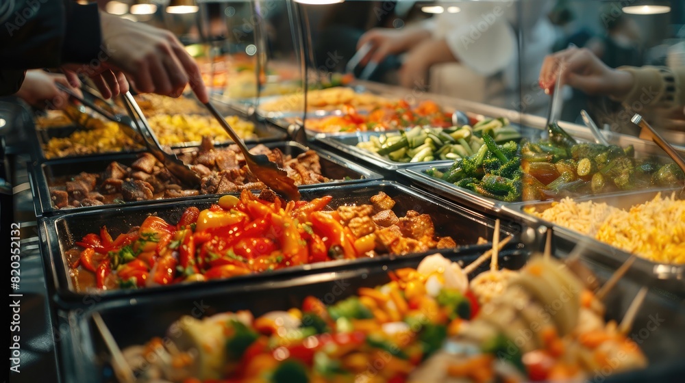 A buffet with many different types of food, including vegetables and meat. Scene is inviting and appetizing