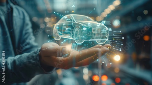 A man holding a virtual car hologram with data and icons on a blurry background. The concept of a digital twin for vehicle planning and quality control in the interior for the automotive industry, photo