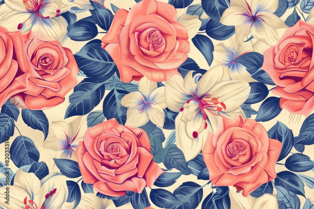 A floral pattern of pink and blue roses and white flowers. The flowers are arranged in a way that creates a sense of movement and depth. Scene is one of beauty and serenity A floral pattern of pink and blue roses and white flowers. The flowers are arranged in a way that creates a sense of movement and depth. Scene is one of beauty and serenity