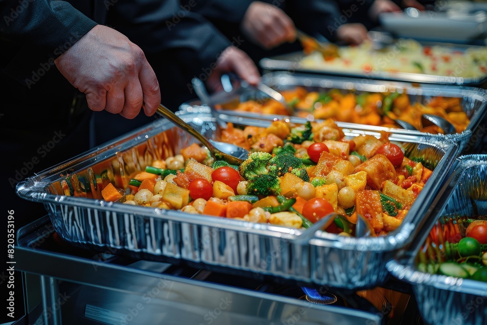 A person is serving food from a tray with a spoon. The tray has a variety of vegetables and fruits, including broccoli, carrots, and tomatoes A person is serving food from a tray with a spoon. The tray has a variety of vegetables and fruits, including broccoli, carrots, and tomatoes