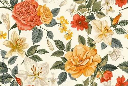 A floral pattern with yellow and orange flowers and green leaves. The flowers are arranged in a way that creates a sense of movement and depth. Scene is bright and cheerful