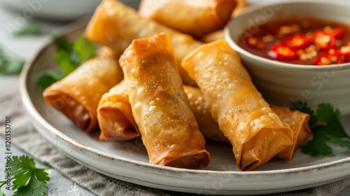 Delicious golden crispy mini spring rolls with sweet chili sauce on white plate