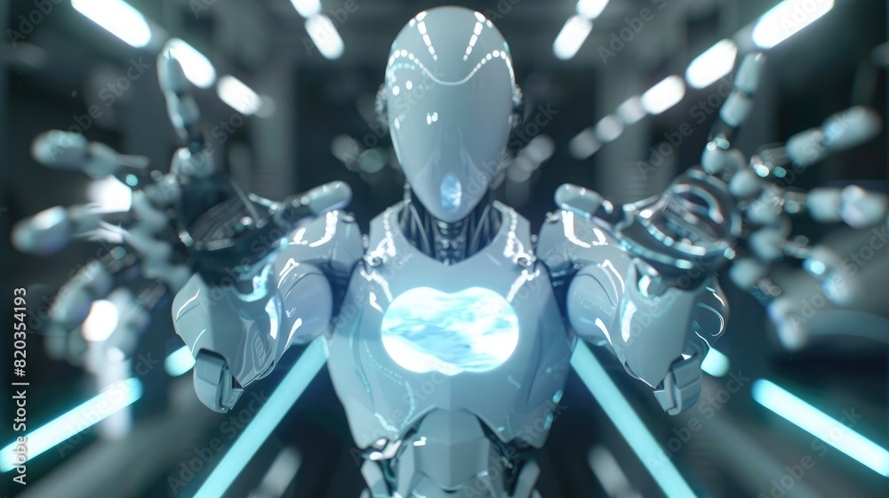 A white humanoid robot with an glowing holographic display on chest ...
