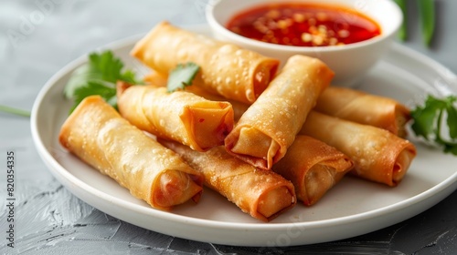 Freshly fried mini spring rolls with sweet chili sauce on white plate against soft grey background
