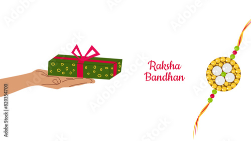 Happy Raksha Bandhan Indian Festival rakhi banner. Giving a gift. Greeting card invitation design web design. Vector illustration.