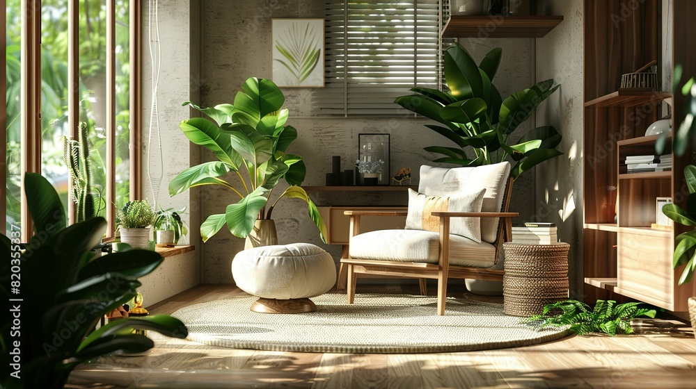 Panoramic 3D rendering of an interior featuring an armchair and coffee table. Panoramic 3D rendering of an interior featuring an armchair and coffee table.