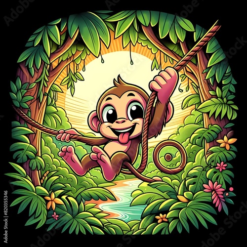A cheerful anthropomorphic monkey swinging from vines in a lush jungle © Michel 