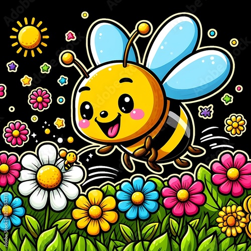 A cheerful cartoon bee buzzing around a field of colorful flowers.