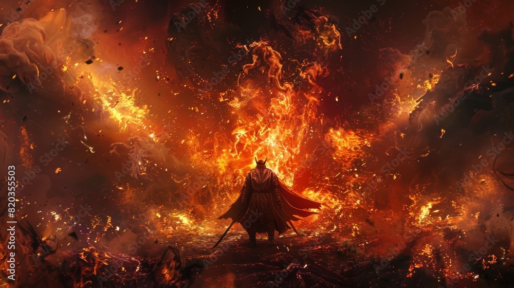 A fiery scene with the stoker at the center surrounded by a chaotic dance of flames and shadows.