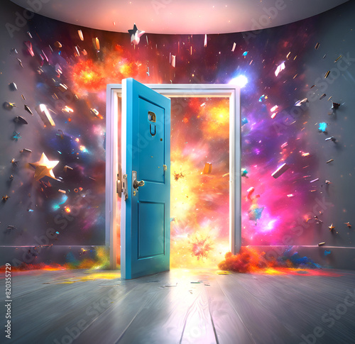 Creativity explosion, door opening to burst of new ideas emerging, creative abstract concept