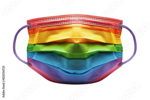 A rainbow face mask with adjustable ear loops and a nose wire for a custom fit.