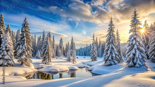 A serene snow-covered landscape, with evergreen trees dusted in white and a peaceful stillness in the air photo