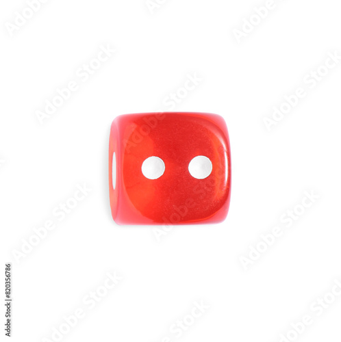 One red game dice isolated on white  top view
