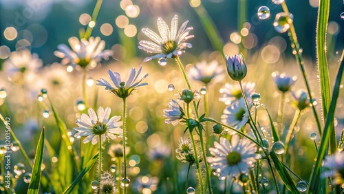 A close-up shot of delicate wildflowers blooming in a verdant field, their petals glistening with dewdrops in the morning light. photo